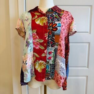 Vintage Sacred Threads Patchwork Boho‎ Hippie Short Sleeve Collared Shirt Large